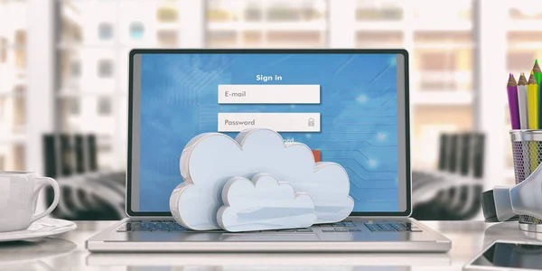 Počítače cloud koncept - přihlášení na obrazovce počítače. 3D obrázek — Stock fotografie
