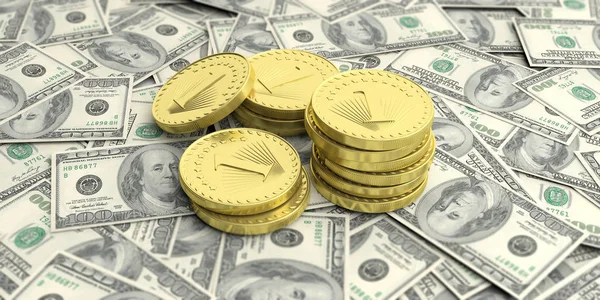 Goldmünzen auf Dollarnoten Hintergrund. 3D-Illustration — Stockfoto