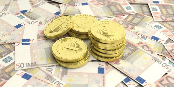 Golden coins on euro banknotes background. 3d illustration — Stock Photo, Image