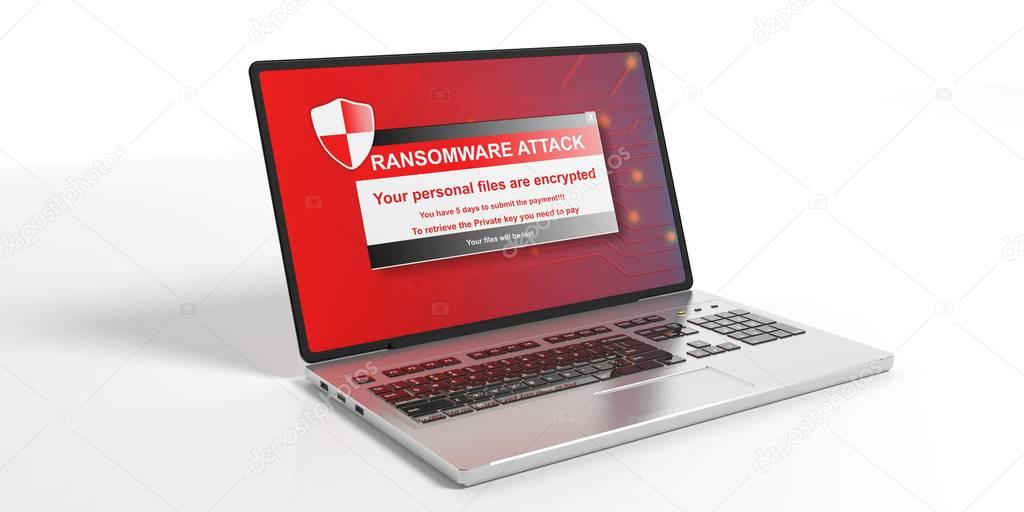 Ransomware alert on a laptop screen. 3d illustration