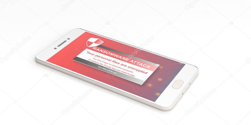 Ransomware alert on a smartphone screen. 3d illustration