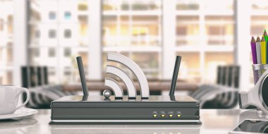 WiFi yönlendirici bir office arka planda. 3D çizim