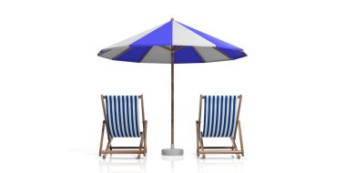 Sandalye ve şemsiye beyaz arka plan üzerinde. 3D çizim