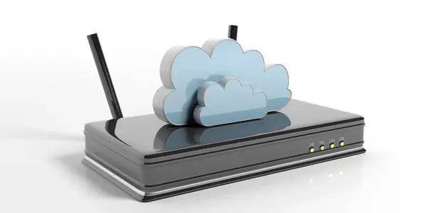 Dator moln på en Wifi router - vit bakgrund. 3D illustration — Stockfoto
