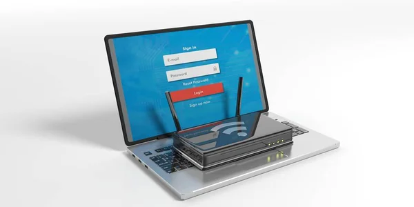 WiFi router-laptop - fehér háttér előtt. 3D-s illusztráció — Stock Fotó