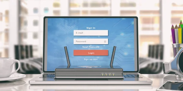 WiFi router op een laptop - office achtergrond. 3D illustratie — Stockfoto