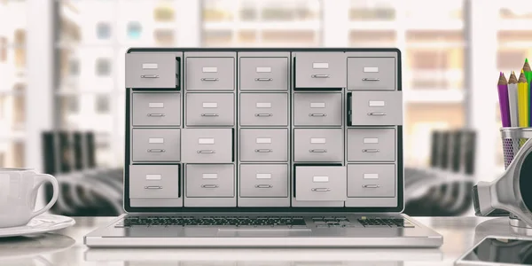Хранение данных ноутбука. Шкаф для бумаг на экране ноутбука. 3d иллюстрация — стоковое фото