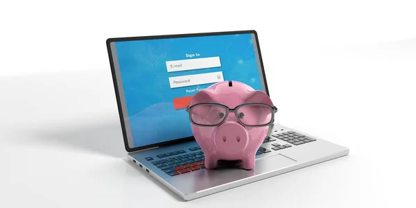 Sparschwein auf einem Laptop - weißer Hintergrund. 3D-Illustration — Stockfoto