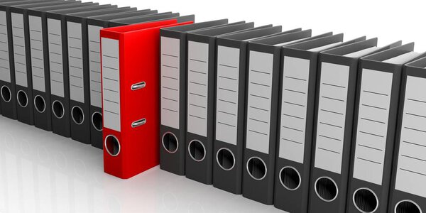 Ряд офисных папок на белом фоне. 3d иллюстрация
