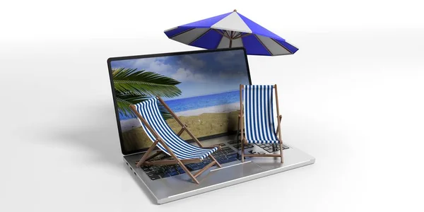 Plážová lehátka a slunečník na notebooku - bílé pozadí. 3D obrázek — Stock fotografie