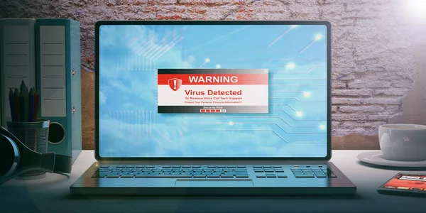 Virus erkannte Meldung auf einem Laptop-Bildschirm. 3D-Illustration — Stockfoto