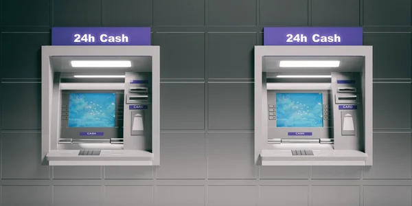 ATM machines on metal tiles background. 3d illustration — Stock Photo, Image