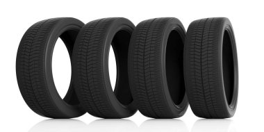 Araba lastikleri beyaz arka plan üzerinde ayarlayın. 3D çizim