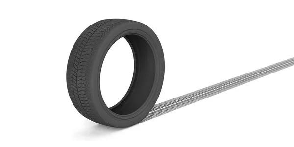 Car tire and trace on white background. 3d illustration — Stock Photo, Image