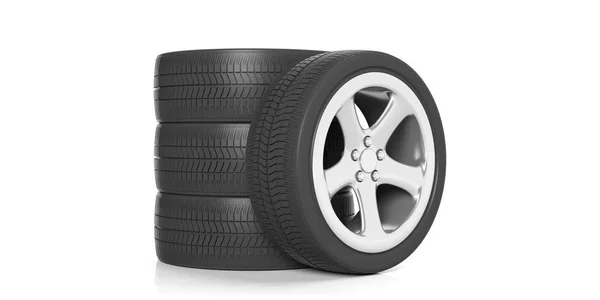 Neumáticos y llantas de coche sobre fondo blanco. ilustración 3d — Foto de Stock