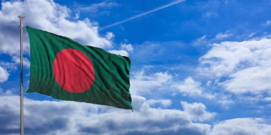 Bangladeş bayrağı mavi gökyüzü arka plan üzerinde. 3D çizim