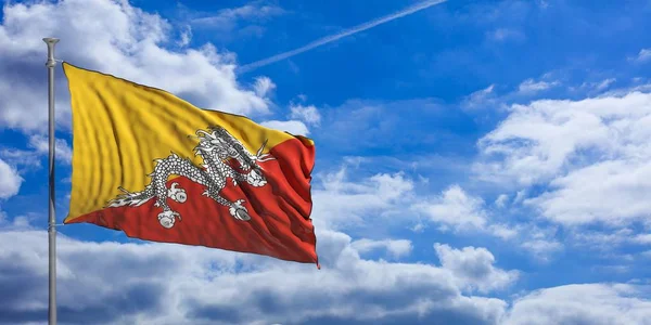 De vlag van Bhutan op een blauwe hemelachtergrond. 3D illustratie — Stockfoto
