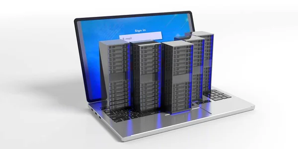 Unidades de armazenamento de servidor de computador e laptop em fundo branco. ilustração 3d — Fotografia de Stock
