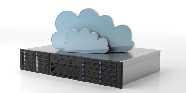 Unidade de servidor de computador e nuvem de armazenamento em fundo branco. ilustração 3d — Fotografia de Stock