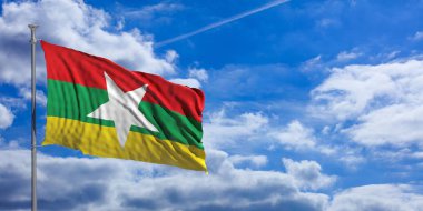 Myanmar bayrağı sallayarak üzerinde mavi gökyüzü. 3D çizim