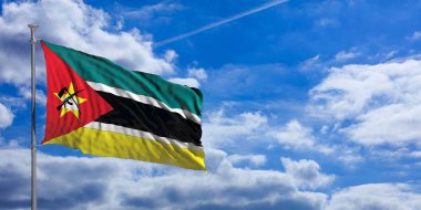 Mavi gökyüzü üzerinde bayrak sallayarak Mozambik. 3D çizim