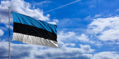 Estonya bayrağı sallayarak üzerinde mavi gökyüzü. 3D çizim