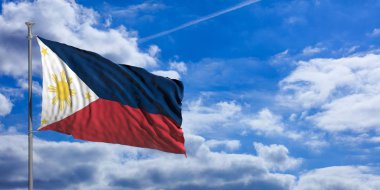 Filipinler bayrağı sallayarak üzerinde mavi gökyüzü. 3D çizim