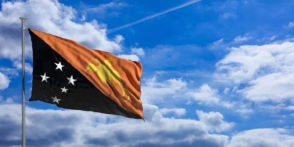 Papúa Nueva Guinea ondeando bandera en el cielo azul. ilustración 3d —  Fotos de Stock