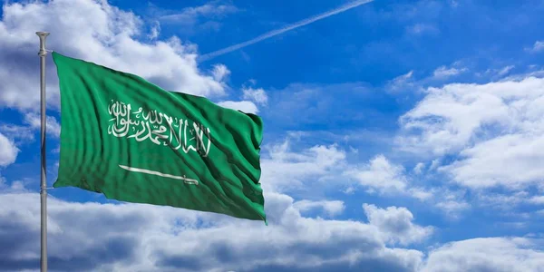 Arabia Saudita ondeando bandera en el cielo azul. ilustración 3d — Foto de Stock