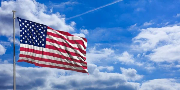 United States of America waving flag on blue sky. 3d illustration