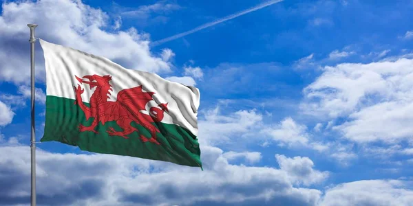 Wales vlag zwaaien op blauwe hemel. 3D illustratie — Stockfoto