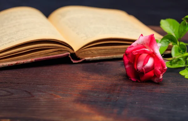 Vörös rózsa egy vintage könyv egy fából készült íróasztal — Stock Fotó
