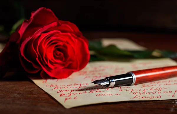 Vörös rózsa és egy toll, egy levelet — Stock Fotó