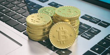 Bilgisayar klavye Bitcoins yığını. 3D çizim