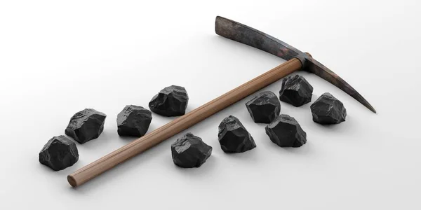 Kilof i czarne kamienie na białym tle. ilustracja 3D — Zdjęcie stockowe