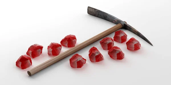 Pickaxe y piedras rojas sobre fondo blanco. ilustración 3d — Foto de Stock