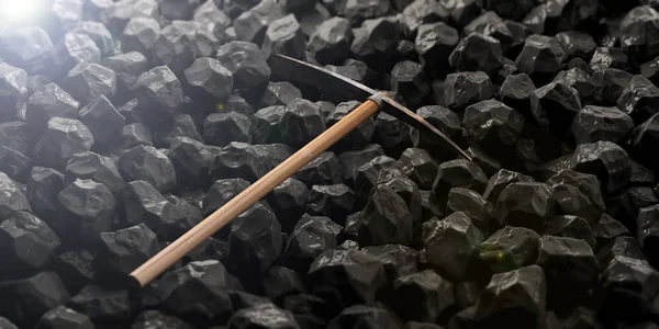 Pickaxe sobre fundo rochas pretas. ilustração 3d — Fotografia de Stock