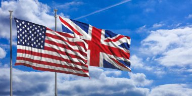 İngiltere ve Amerika üzerinde mavi gökyüzü bayrakları sallayarak. 3D çizim