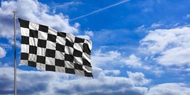 F1 dalgalanan bayrak mavi gökyüzü. 3D çizim