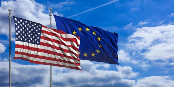 EU en Amerika vlaggen zwaaien op blauwe hemel. 3D illustratie — Stockfoto