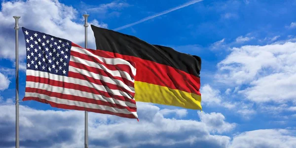 Tyskland och Amerika vajande flaggor på blå himmel. 3D illustration — Stockfoto