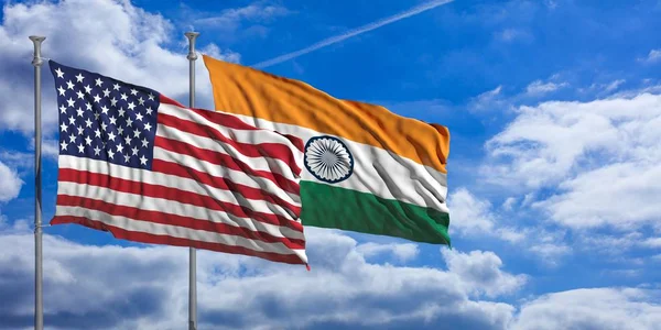 India és az amerikai zászló integet a kék ég. 3D-s illusztráció — Stock Fotó