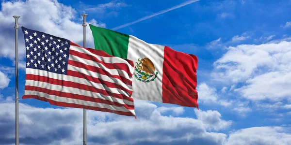 Meksika ve mavi gökyüzü üzerinde bayraklar sallayarak Amerika. 3D çizim — Stok fotoğraf
