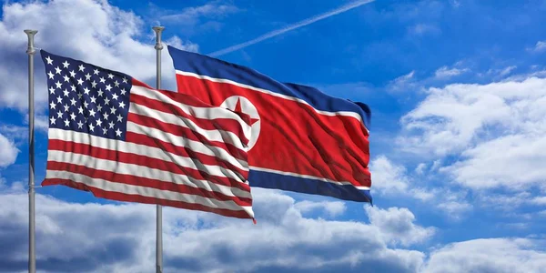 Nordkorea und Amerika schwenken Fahnen am blauen Himmel. 3D-Illustration — Stockfoto