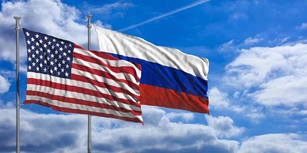 Rusland en Amerika vlaggen zwaaien op blauwe hemel. 3D illustratie — Stockfoto