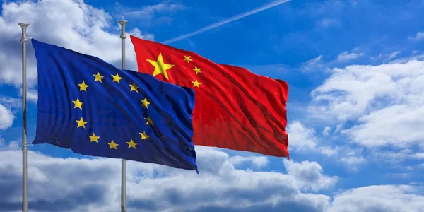 Cina e UE sventolano bandiere sul cielo blu. Illustrazione 3d — Foto Stock