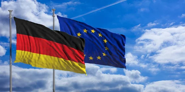 Deutschland und die EU schwenken Fahnen am blauen Himmel. 3D-Illustration — Stockfoto