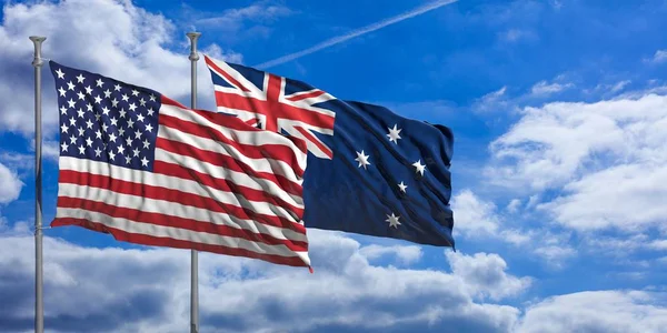 Australia and America waving flags on blue sky. 3d illustration — Stock Photo, Image