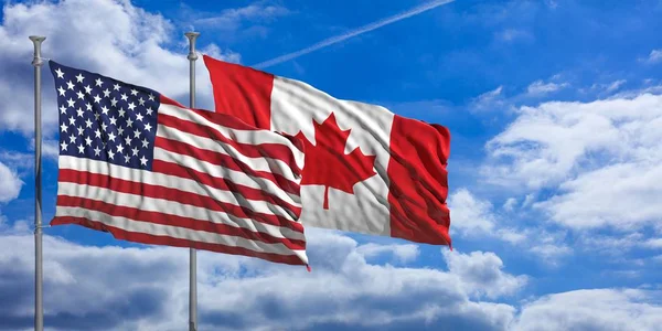 Canada en Amerika vlaggen zwaaien op blauwe hemel. 3D illustratie — Stockfoto