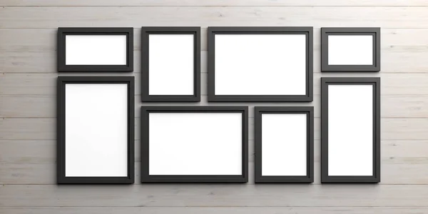 Zwarte frames op houten achtergrond. 3D illustratie — Stockfoto